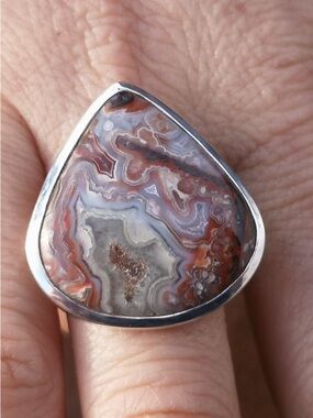 Mexican Crazy Lace Agate Ring 925 Silver sz 8 red white grey purple